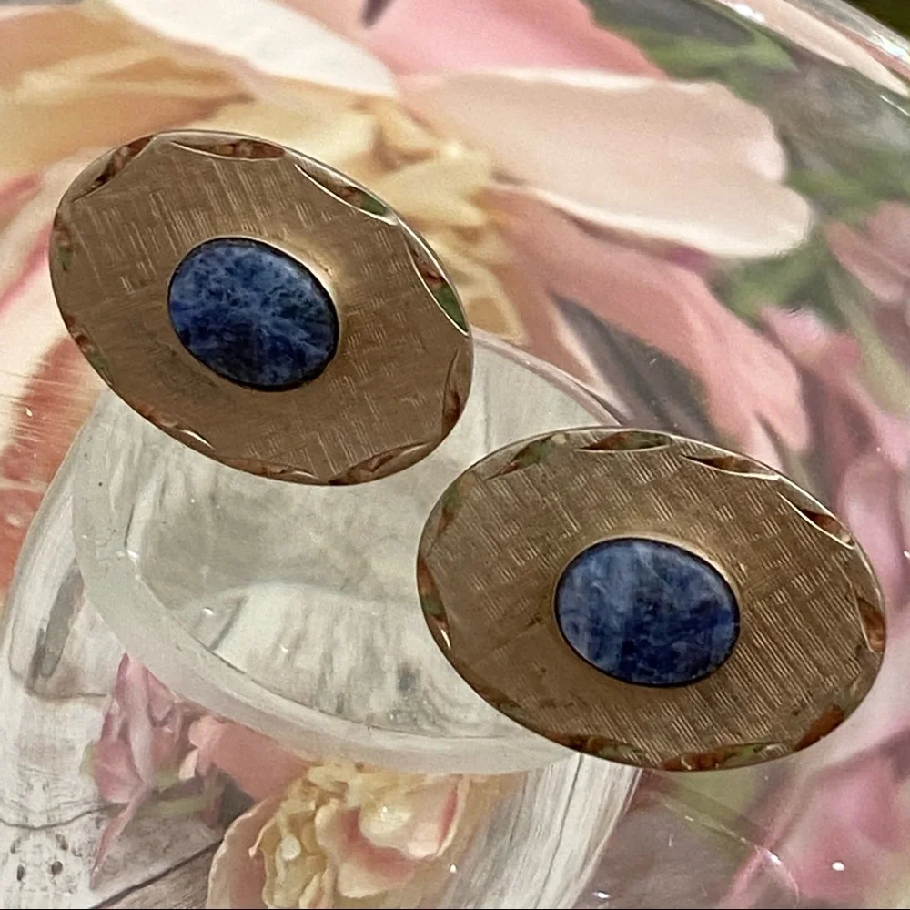 Vintage DESTINO Natural Blue Stone Kyanite? Lapis Light Brushed Gold Cufflinks